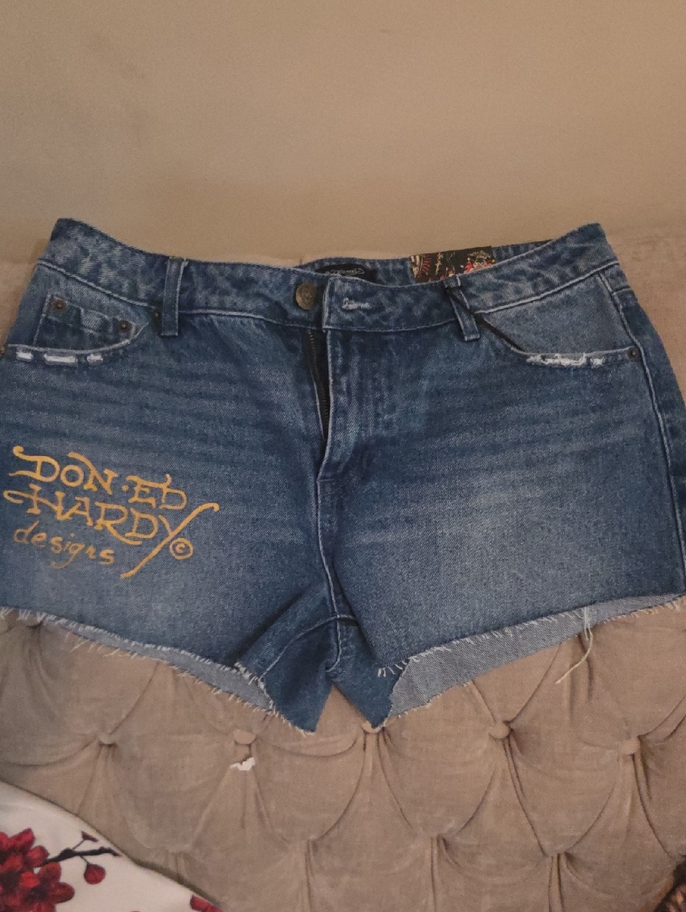 Ed Hardy Blue Denim Cutoff Shorts with Yellow Logo
